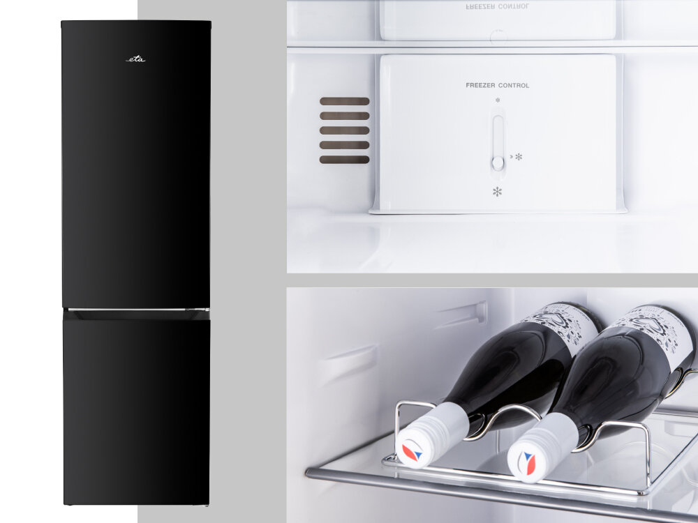 Lodówka ETA ETA275090020E kolor czarny zamknięta front wnętrze półka na wino stojak chromowany niski poziom hałasu 40 dB(A) niemal niesłyszalna smukła konstrukcja czarna kolorystyka elegancja nowoczesny charakter wymiary 180 × 54 × 60 cm dopasowanie estetyka funkcjonalność