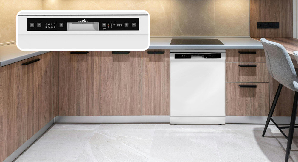 ZMYWARKA ETA 60 274790000D lifestyle kuchnia zbliżenie panel wyświetlacz ikony funkcje programy elektroniczne sterowanie wyświetlacz LED wskaźnik soli wskaźnik nabłyszczacza niskie ciśnienie wody tryb zmywania blokada rodzicielska 3 strefy zraszające zmywanie strefowe skuteczne czyszczenie szuflada na sztućce organizacja przestrzeni