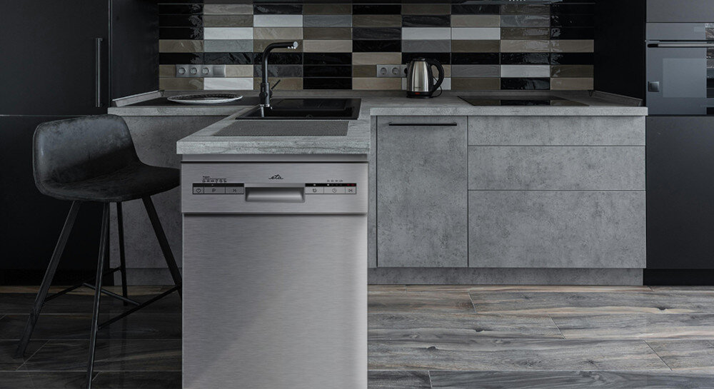 Zmywarka ETA 274890010D lifestyle wizualizacja kuchnia szare wnętrze meble szafki zlewozmywak zmywarka front zamknięta stal nierdzewna