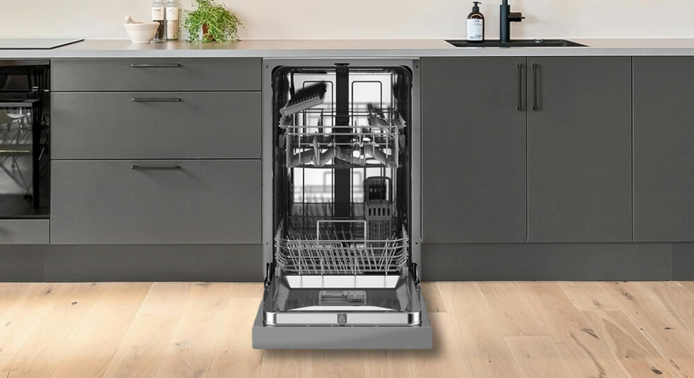 Zmywarka ETA 274890010D lifestyle wizualizacja elektroniczne sterowanie wskaźniki LED automatyczne otwieranie drzwi 2 poziomy płukania składane podpórki na talerze