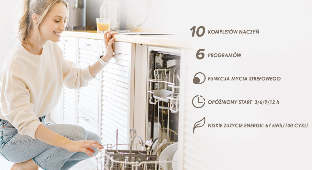 Zmywarka ETA ETA274890000D lifestyle kobieta kuchnia zmywarka otwarta najważniejsze cechy funkcje ikony biały kolor kompaktowe urządzenie energooszczędne codzienny użytek szerokość 44,8 cm mała kuchnia 10 kompletów naczyń single pary rodzina 2+1 oszczędność czasu oszczędność wody wygoda