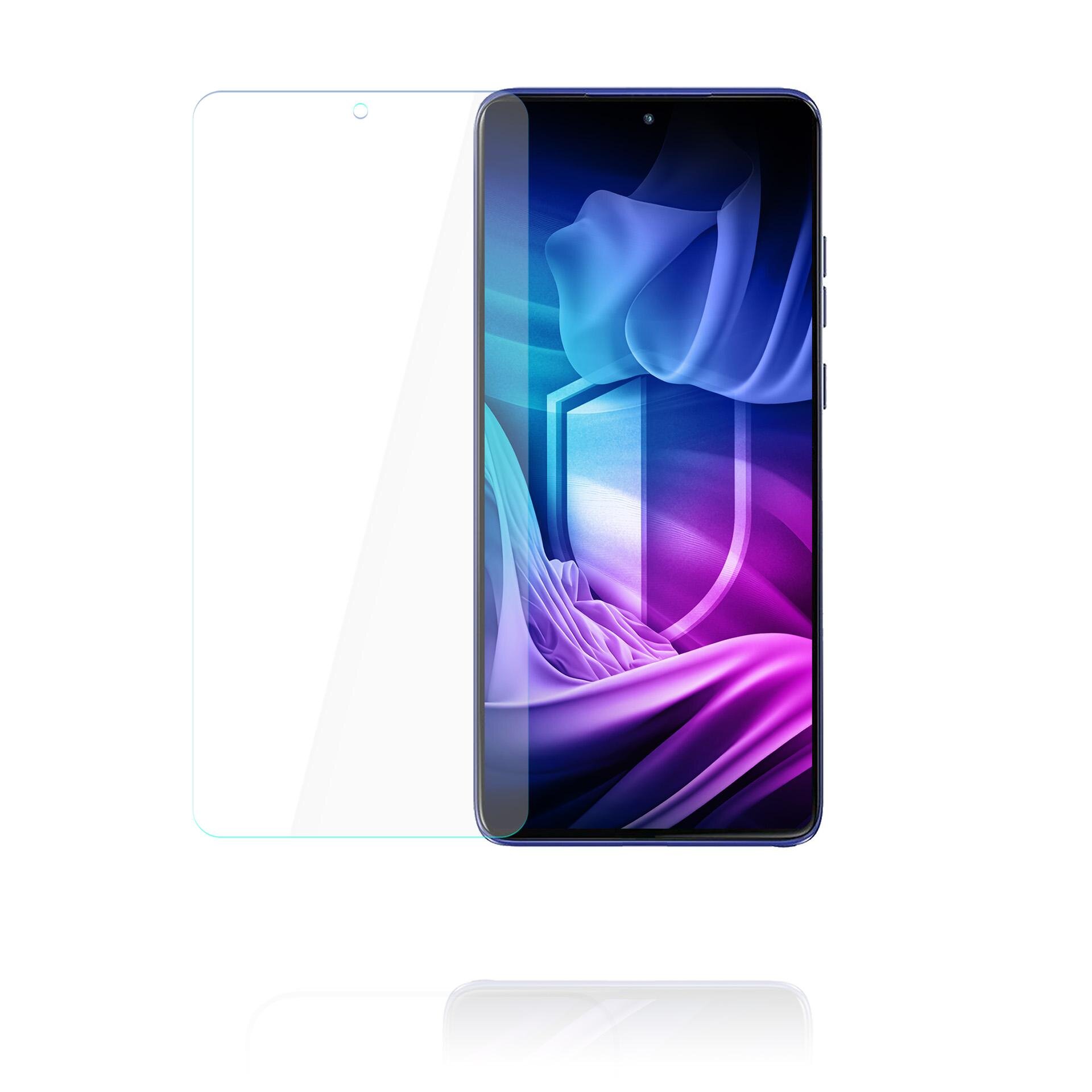 Na obrazie widoczny jest smartfon z kolorowym wyświetlaczem, obok którego znajduje się przezroczysta osłona ekranu. Tło wyświetlacza ma abstrakcyjny wzór w odcieniach niebieskiego i fioletowego.