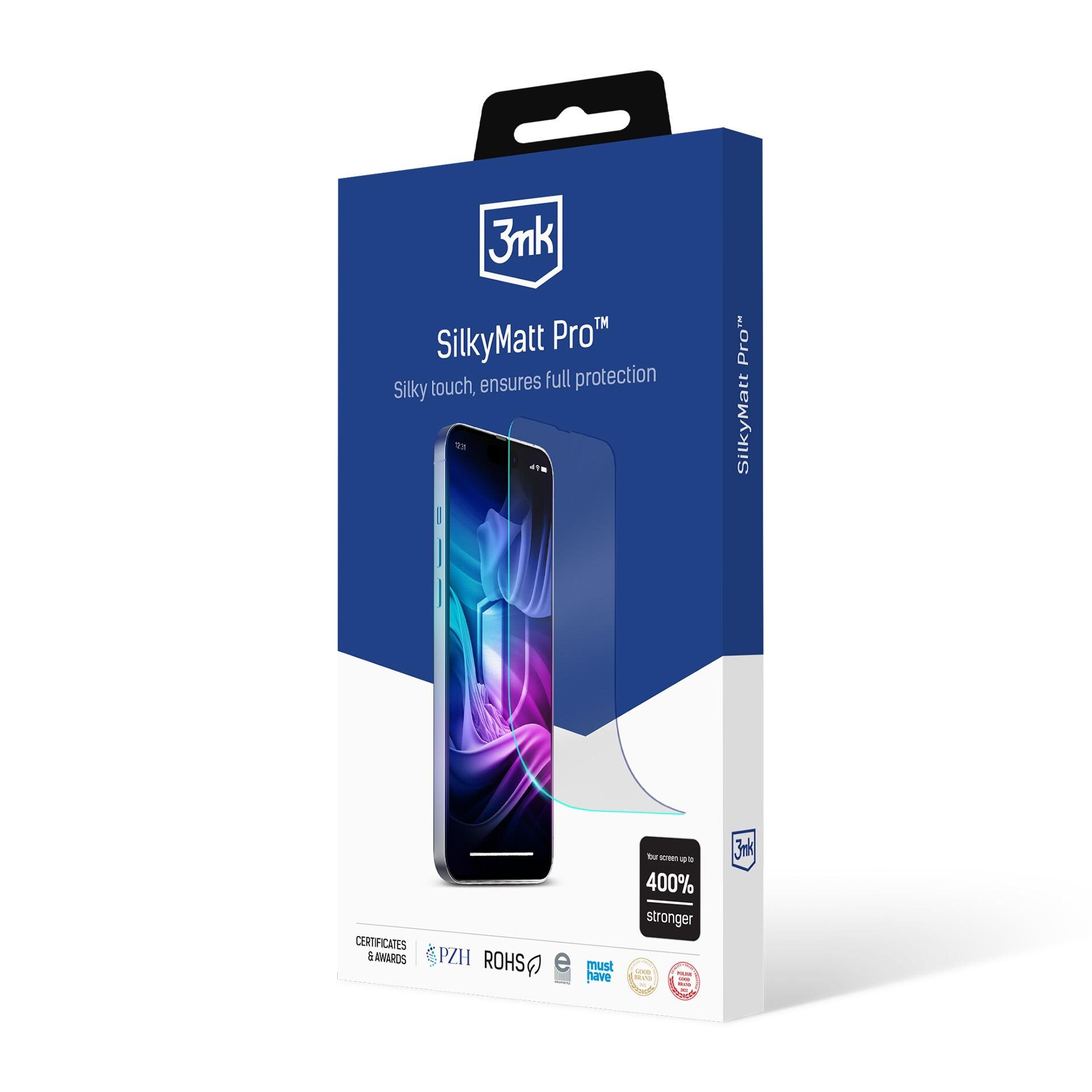 Opakowanie produktu 3mk SilkyMatt Pro z grafiką telefonu i napisem \'Silky touch, ensures full protection\'. Widoczne są również oznaczenia certyfikatów i informacja \'400% stronger\'.
