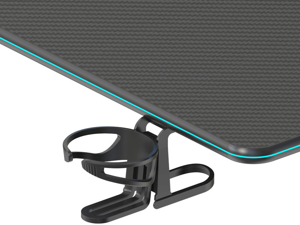 Biurko MAD DOG GD100K Czarny Zbliżenie na blat biurka z teksturą karbonu oraz boczny uchwyt na kubek.