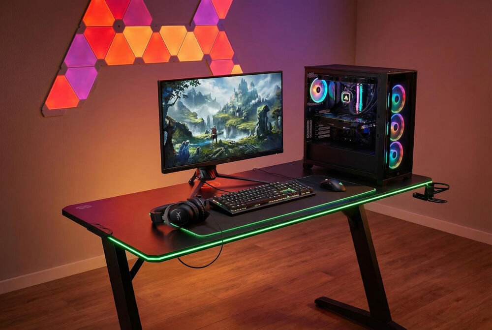 Biurko MAD DOG GD100K Stanowisko gamingowe z czarnym biurkiem MAD DOG, monitorem wyświetlającym grafikę fantasy oraz jednostką centralną z podświetleniem RGB.