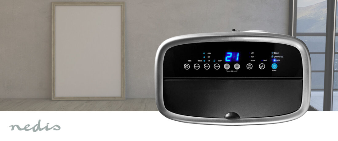 Klimatyzator NEDIS Smartlife WIFIACMB1WT14 Komfort użytkowania  panel sterowania z przyciskami Soft-Touch wyświetlacz LED funkcja timera zaprogramowanie czasu pracy tryb uśpienia cicha praca w nocy dostosowanie działanie potrzeby