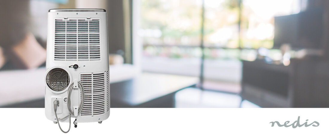 Klimatyzator NEDIS Smartlife WIFIACMB1WT14 łatwość przechowywania Stylowy design komponuje się z różnymi stylami aranżacji wnętrz Biała obudowa i minimalistyczny design wymiary wbudowane kółka