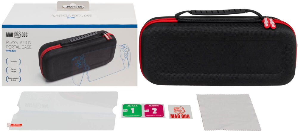 Etui MAD DOG PPA500K Widok całego zestawu MAD DOG PlayStation Portal Case PPAS01BK. Po lewej stronie jest białe pudełko z grafiką etui i tekstem. Po prawej, na środku, jest czarne etui z czerwonymi akcentami i uchwytem. Na dole widać dołączone akcesoria: folię ochronną na ekran, dwie chusteczki czyszczące w opakowaniach Wipes 1 i Wipes 2, małą naklejkę z logo MAD DOG oraz białą ściereczkę z mikrofibry.