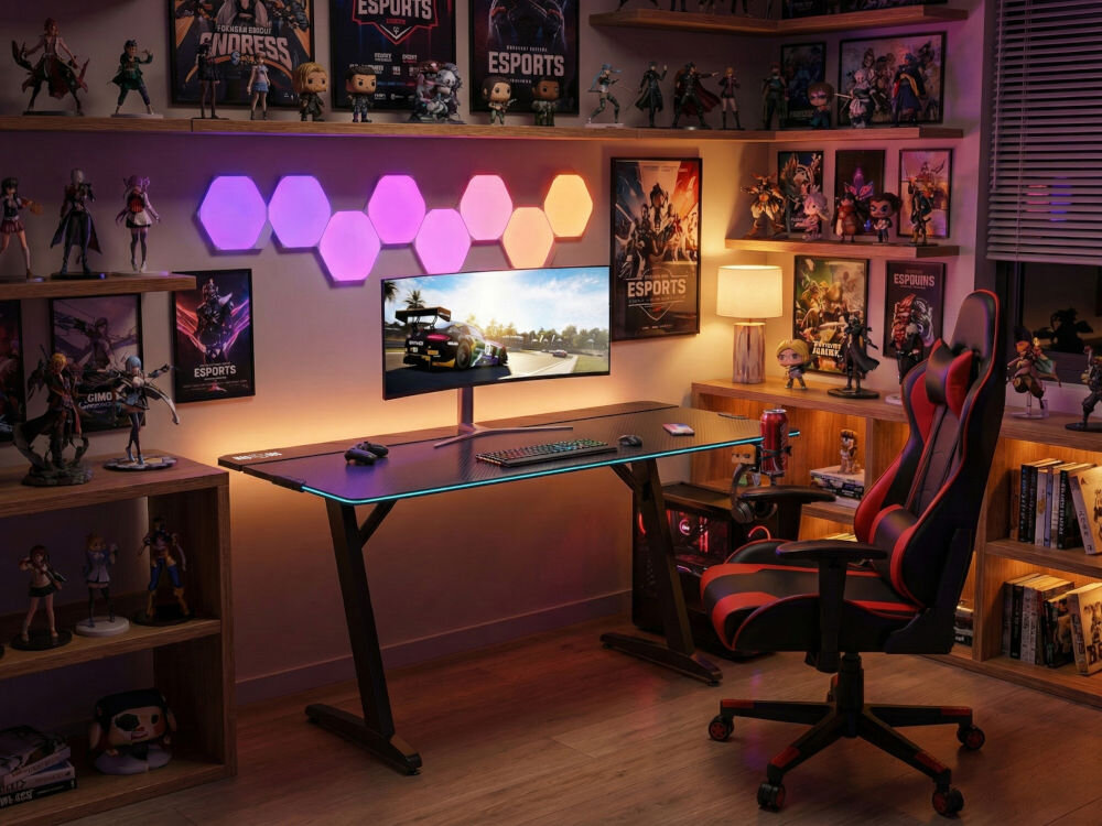 Biurko MAD DOG GD200K Nowoczesne biurko gamingowe z karbonowym blatem i podświetleniem LED RGB w pokoju gracza z kolekcją figurek