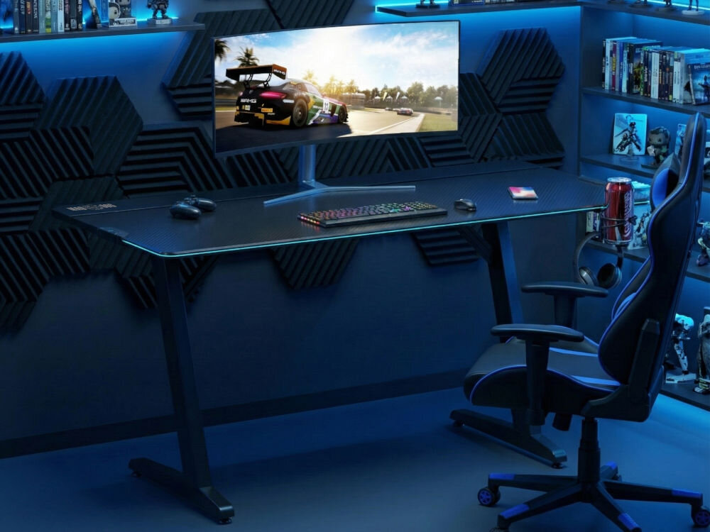 Biurko MAD DOG GD200K Biurko gamingowe z dużym monitorem i oświetleniem LED na tle czarnych paneli akustycznych w kształcie plastra miodu