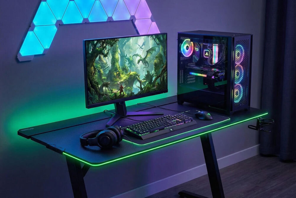 Biurko MAD DOG GD200K Czarne biurko gamingowe MAD DOG z blatem o karbonowym wykończeniu, oświetleniem LED oraz uchwytem na napoje i słuchawki.