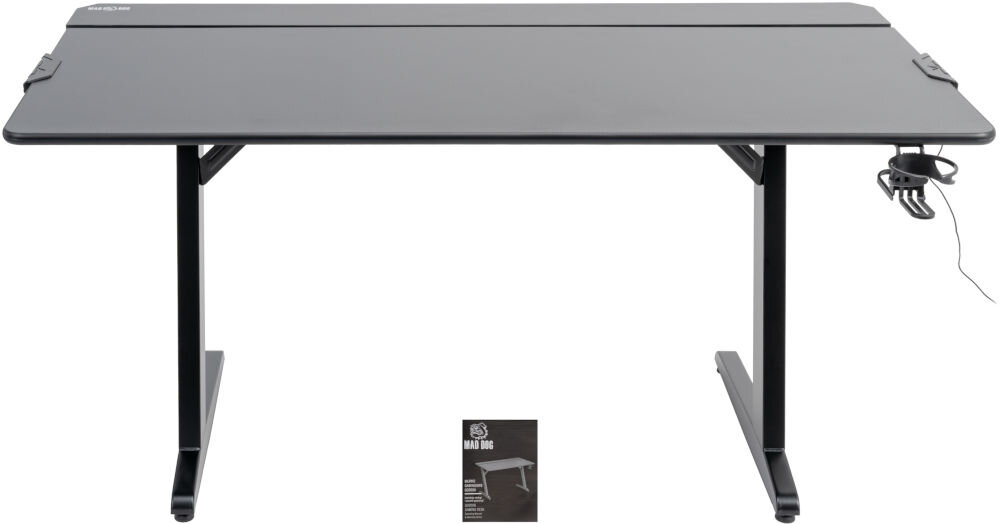 Biurko MAD DOG GD200K Minimalistyczne czarne biurko gamingowe MAD DOG na nogach w kształcie litery Z, z widocznym uchwytem na napój i instrukcją obsługi.