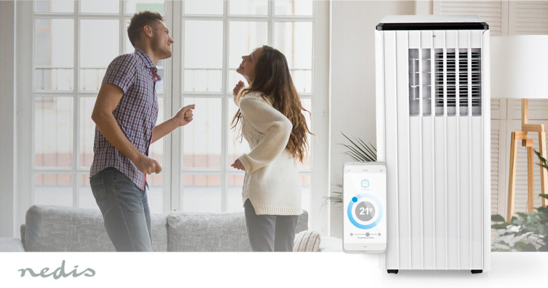 Klimatyzator NEDIS Smartlife WIFIACMB3WT9 integracja aplikacja SmartLife zdalne sterowanie za pomocą smartfona lub głosowo przez Google Assistant i Amazon Alexa Chłodzenie z aplikacją
