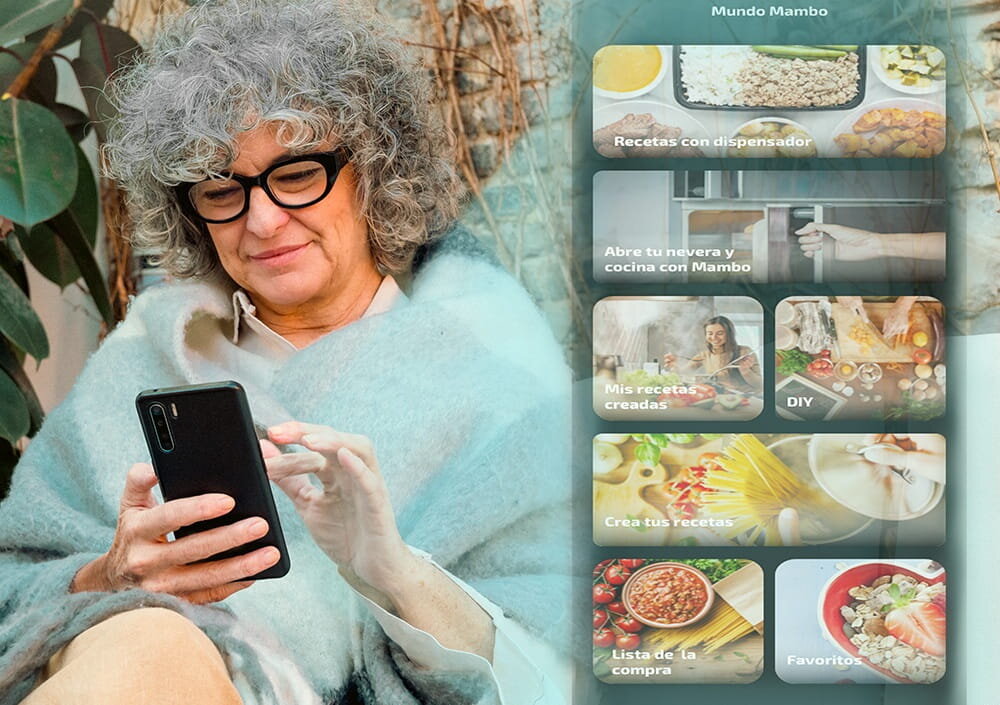 Wielofunkcyjny robot kuchenny CECOTEC Mambo CooKing Total Gourmet kobieta używa aplikacji na smartfonie, aplikacja Mambo, zdalne sterowanie urządzeniem