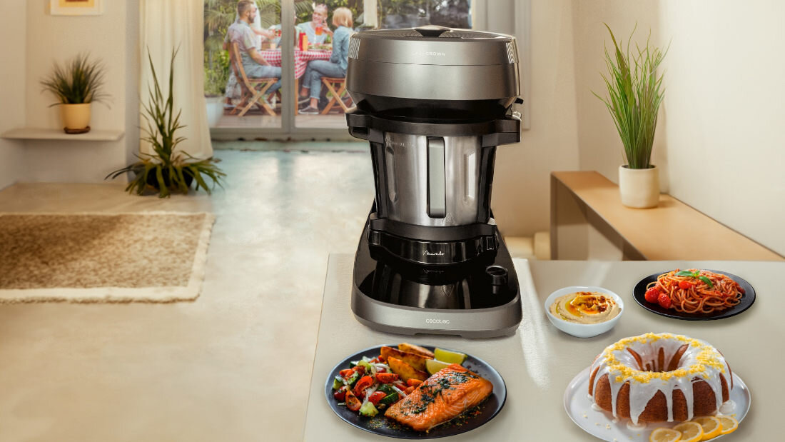 Wielofunkcyjny robot kuchenny CECOTEC Mambo CooKing Unique System ChefCrown dozuje składniki przepis krok po kroku odważanie odmierzanie proces gotowanie moc 45 funkcji planowanie, przygotowanie i serwowanie