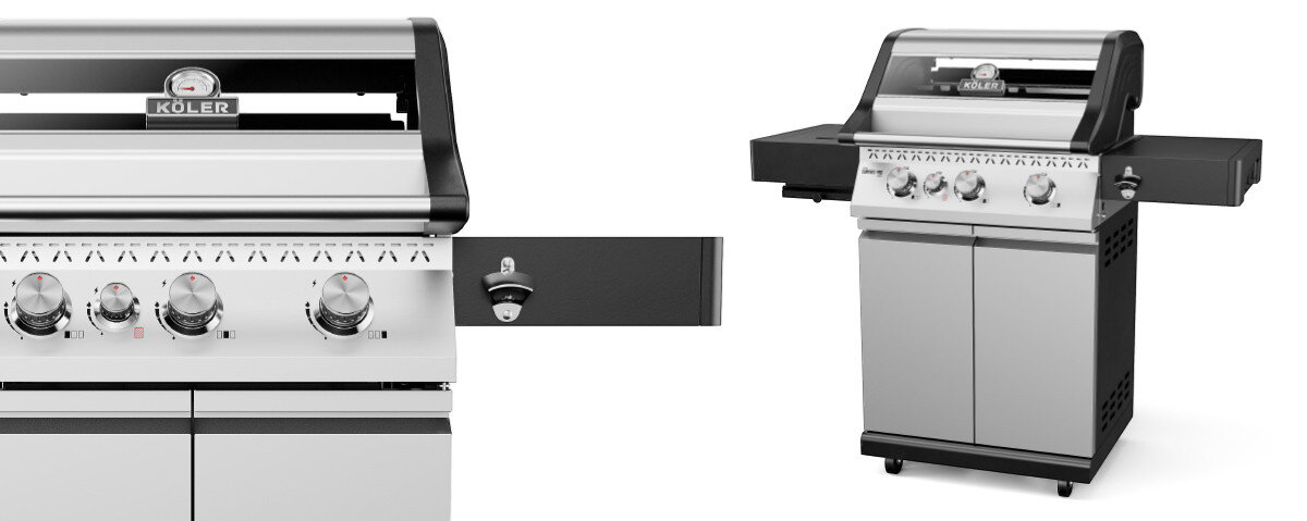Na obrazie widoczny jest srebrny grill gazowy z czterema pokrętłami i logo \'KOLER\' na pokrywie. Grill posiada boczne półki i zamykane szafki na dole.