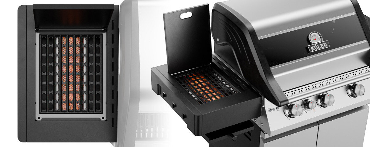 Obraz przedstawia grill gazowy z metaliczną obudową i czterema pokrętłami. Na pokrywie widoczne jest logo \'KOLER\'.