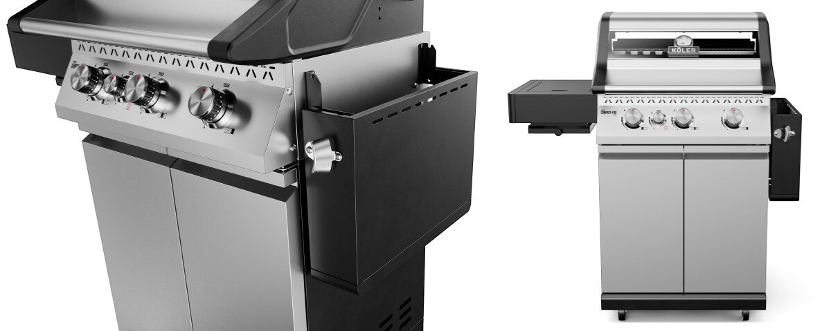 Na obrazie widoczny jest srebrny grill gazowy z czterema pokrętłami i boczną półką. Na górnej części grilla znajduje się logo \'KOLER\'.