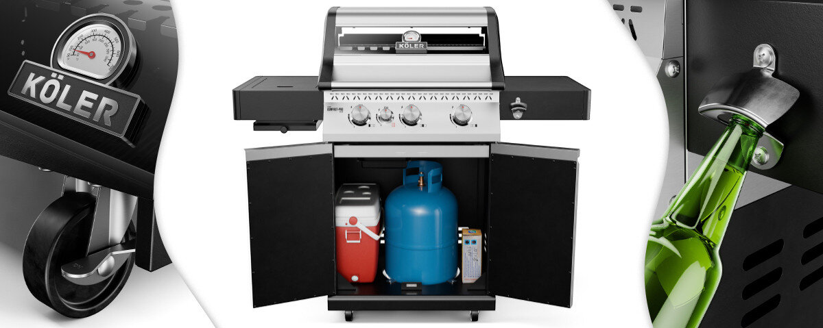 Obraz przedstawia grill gazowy z otwartymi drzwiczkami, wewnątrz którego znajdują się niebieska butla gazowa i czerwony pojemnik. Na grillu widoczne jest logo \'KÖLER\'.