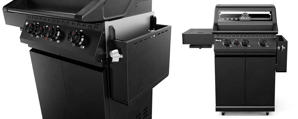 Grill gazowy KOLER Krone Compact Pro Czarny 15.8 kW 60 x 46 cm, SMART, udka, ryby, ciepło, Boczny pojemnik i otwieracz do butelek w grillu