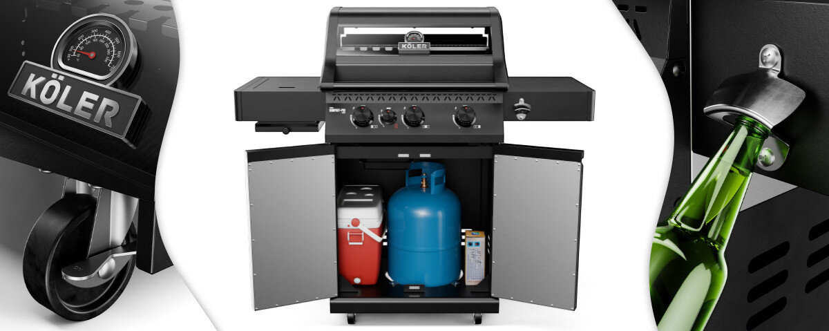 Grill gazowy KOLER Krone Compact Pro Czarny 15.8 kW 60 x 46 cm, półki, haczyki, koła, szafka, Szafka na butlę, koło i otwieracz do butelek