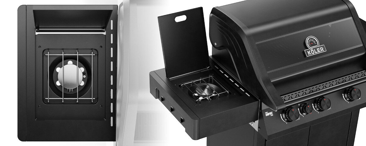 Obraz przedstawia czarny grill gazowy z logo \'KOLER\' na pokrywie. Widoczne są pokrętła do regulacji oraz boczny palnik z rusztem.