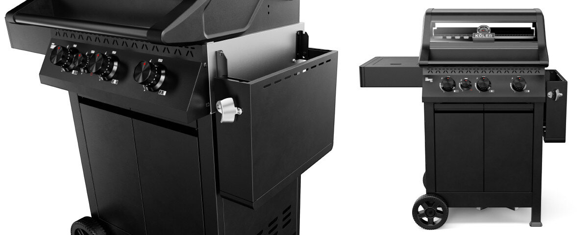 Na obrazie widoczny jest czarny grill gazowy z pokrętłami do regulacji temperatury i boczną półką. Grill posiada logo producenta na pokrywie i jest wyposażony w kółka ułatwiające przemieszczanie.