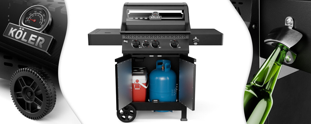 Obraz przedstawia czarny grill gazowy z logo \'KÖLER\' na pokrywie i termometrze. Pod grillem znajdują się dwie butle gazowe, jedna czerwona, druga niebieska, a po prawej stronie widoczny jest otwieracz do butelek.