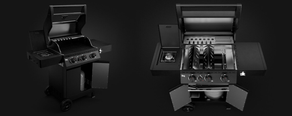 Obraz przedstawia dwa czarne grille gazowe z otwartymi pokrywami, ukazujące palniki i ruszty. Grille mają boczne półki i dolne szafki, a jeden z nich posiada dodatkowy palnik boczny.