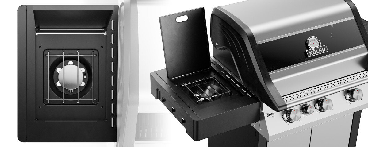 Obraz przedstawia srebrny grill gazowy z logo \'KOLER\' na pokrywie. Grill posiada kilka pokręteł i boczny palnik z kratką ochronną.