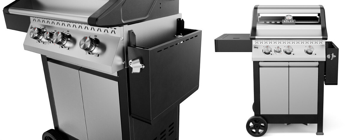 Na obrazie widoczny jest grill gazowy z czterema pokrętłami i boczną półką. Grill ma srebrne i czarne elementy oraz logo producenta na pokrywie.