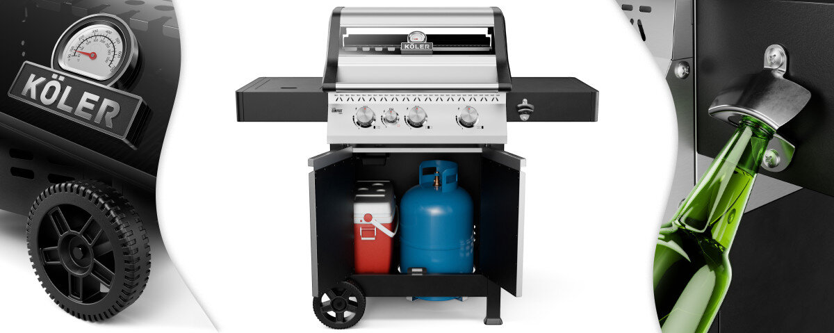 Grill gazowy KOLER Krone Compact Srebrny z czterema pokrętłami i termometrem na pokrywie. W dolnej części znajdują się butle gazowe, a po bokach widoczne są dodatkowe elementy, takie jak otwieracz do butelek.
