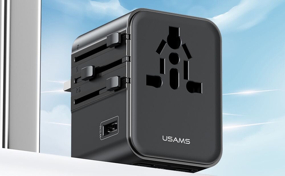 Ładowarka sieciowa USAMS Travel Adapter CC308 na biało niebieskim tle, baner, ladowarka
