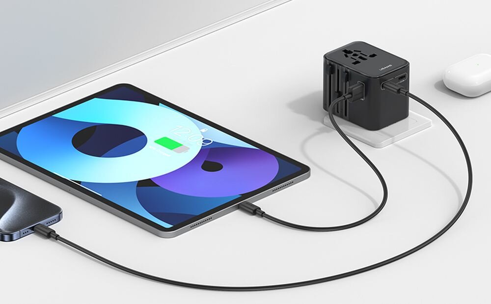 Ładowarka sieciowa USAMS Travel Adapter CC308 kompaktowa forma adapter, rozwiazanie, ponad 200 krajow, do ładowarki podpięte 2 urządzenia ładowane na raz