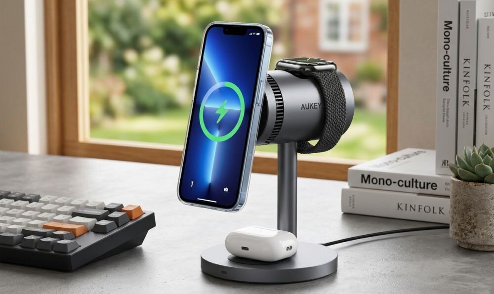 Ładowarka indukcyjna AUKEY LC-MC311A 3w1 Pro 15W z chłodzeniem Szary MagSafe