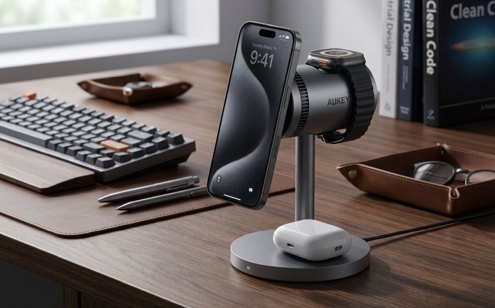 Ładowarka indukcyjna AUKEY LC-MC311A 3w1 Pro 15W z chłodzeniem Szary MagSafe