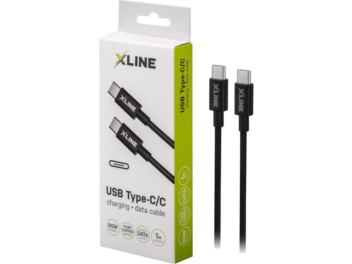 Opakowanie kabla USB Type-C/C marki XLINE z widocznymi końcówkami kabla. Na opakowaniu znajdują się napisy: \'USB Type-C/C charging • data cable\', \'60W POWER\', \'PURE COPPER\', \'1M LENGTH\'.