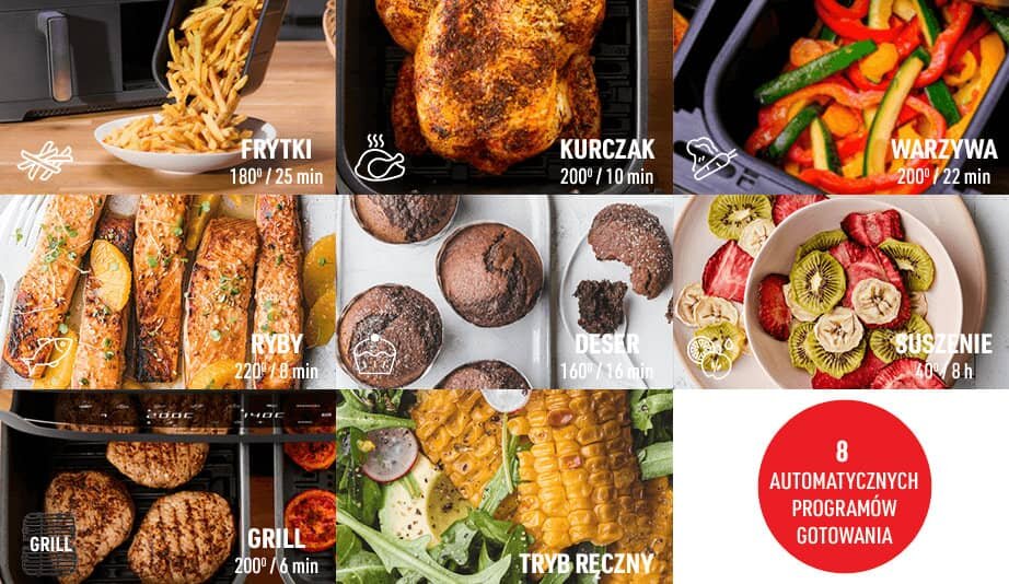 Obraz przedstawia różne potrawy przygotowane w frytkownicy beztłuszczowej, takie jak frytki, kurczak, warzywa, ryby, deser, grillowane mięso i suszone owoce, z podanymi temperaturami i czasem gotowania. Po prawej stronie znajduje się czerwone koło z napisem \'8 AUTOMATYCZNYCH PROGRAMÓW GOTOWANIA\'.