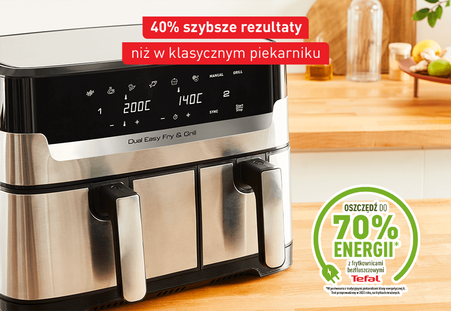 Na obrazie widoczna jest frytkownica beztłuszczowa z dwoma uchwytami i wyświetlaczem pokazującym temperatury 200°C i 140°C. Na górze znajduje się napis \'40% szybsze rezultaty niż w klasycznym piekarniku\', a obok logo Tefal z informacją \'Oszczędź do 70% energii\'.