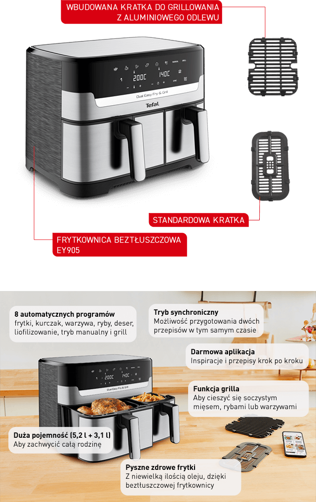 Na obrazie znajduje się frytkownica beztłuszczowa z dwoma koszami i panelem sterowania z wyświetlaczem. Obok urządzenia widoczne są dodatkowe akcesoria oraz teksty opisujące funkcje, takie jak 8 automatycznych programów i funkcja grilla.