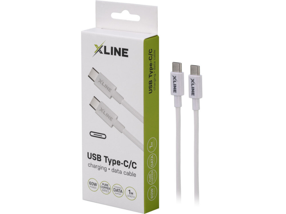 Opakowanie kabla USB-C - USB-C XLINE 60W 1 m Biały z widocznym logo XLINE. Na opakowaniu znajdują się informacje: \'USB Type-C/C\', \'charging • data cable\', \'60W\', \'PURE COPPER\', \'DATA\', \'1m LENGTH\'.