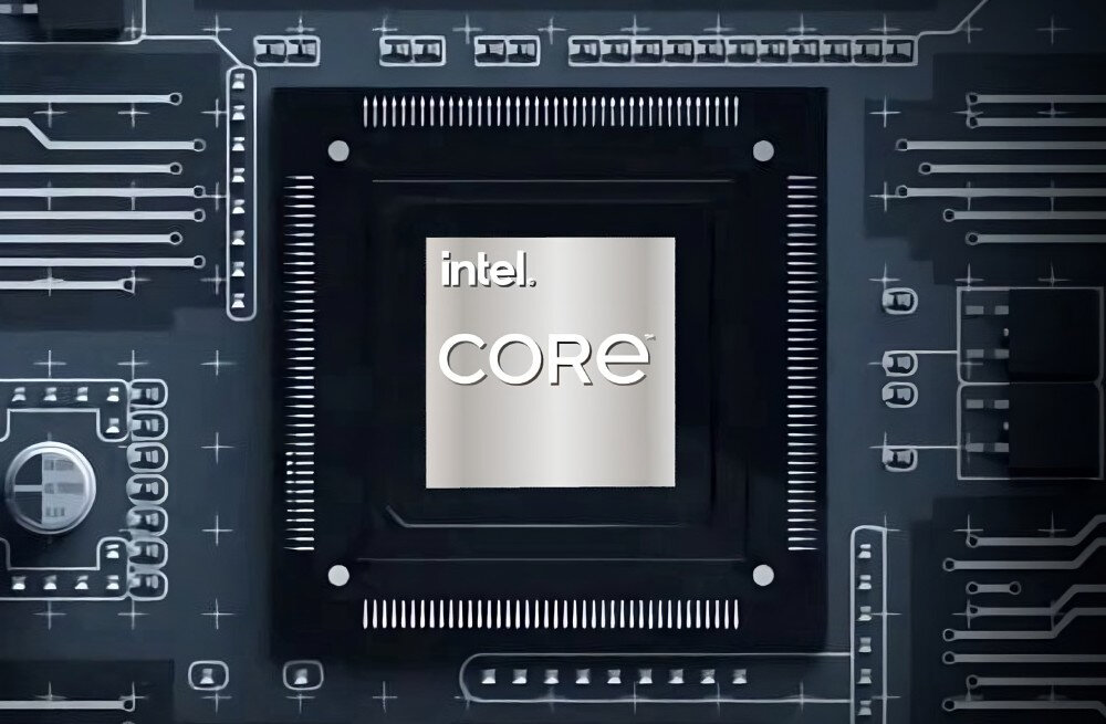 Obraz przedstawia procesor z napisem \'intel CORE\' na tle schematu układu elektronicznego.