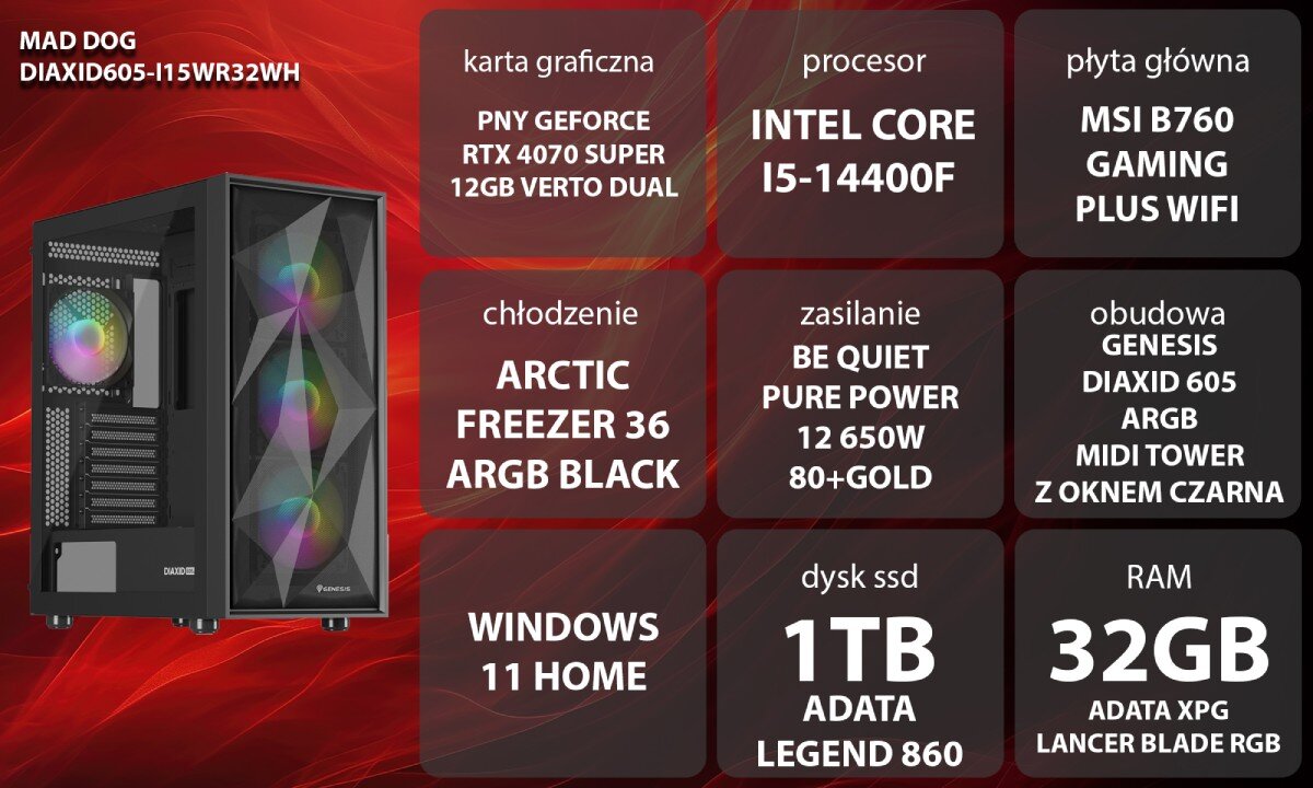 Komputer MAD DOG DIAXID605-I15WR32WH Kobieta w słuchawkach grająca na komputerze stacjonarnym. Siedzi przy biurku z podświetlaną klawiaturą i monitorem, w tle niebiesko-żółte oświetlenie i regał, opis