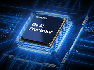 320x240-q4-ai-processor Grafika pokazująca procesor AI Q4 w telewizorze Samsung QLED Q7F2AU, na ciemnym tle, z podświetlonym na niebiesko układem scalonym.
