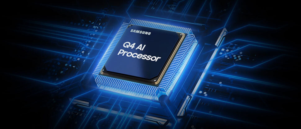 970x415 vision ai q4 ai processor 2 pc start pc Grafika pokazująca procesor AI Q4 w telewizorze Samsung QLED Q7F2AU, na ciemnym tle, z podświetlonym na niebiesko układem scalonym.