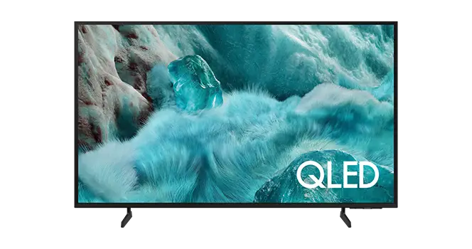 Telewizor Samsung QLED Q7F2 (2025) z niebieskim ekranem -  widok od przodu