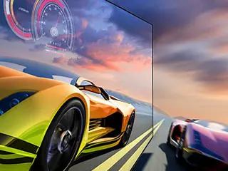 320x240-gaming experience motion xcelerator 144hz Obrazek pokazuje samochody wyścigowe na torze, żółty, jest szybszy i wygląda wyraźniej od drugiego.