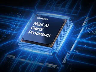 320x240-nq4-ai-gen2-processor Procesor Samsung NQ4 AI Gen2 zamontowany na płycie głównej telewizora, fale energii wypływają z procesora.