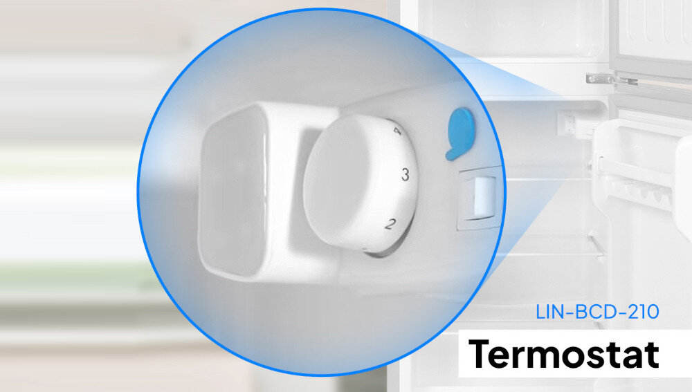 LODÓWKA LIN LI-BCD-210 BIAŁA zbliżenie wnętrze lodówki termostat pokrętło regulacja temperatury ustawienia świeże produkty