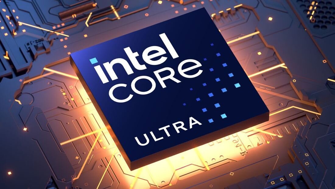 Procesor Intel Core Ultra na podświetlanej płycie głównej komputera. - procesor Intel Core Ultra, karta graficzna Intel Arc